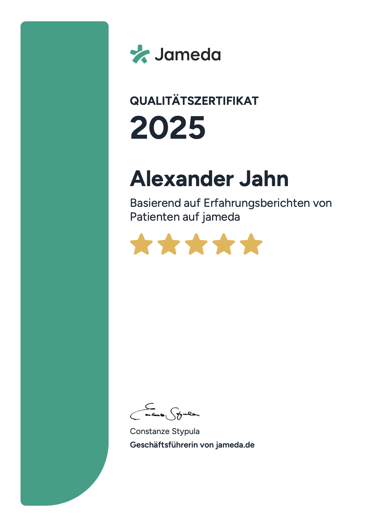 Jameda Qualitätszertifikat 2025- Alexander Jahn